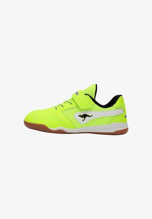 Neon yellow indoor sports shoe with black kangaroo logo, mesh sides, velcro strap, black lining, and gum rubber sole.