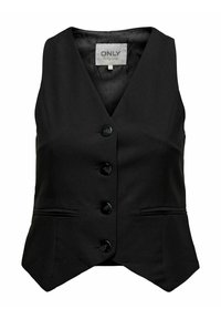 Veste noire sans manches avec col en V, quatre boutons noirs, deux poches passepoilées devant, et une étiquette intérieure à pois indiquant "ONLY."