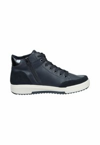Baskets montantes en cuir noir avec un accent en daim sur le côté, semelle en caoutchouc blanc et fermeture éclair décorative sur le côté. Tissu texturé sur la partie supérieure.