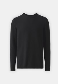 Pull noir à manches longues en tricot texturé avec col rond, présenté à plat sur un fond blanc.