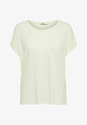 Luźna, kremowa koszulka wykonana z miękkiego materiału, z okrągłym dekoltem i podwiniętymi krótkimi rękawami. Bez widocznych wzorów ani elementów metalowych.