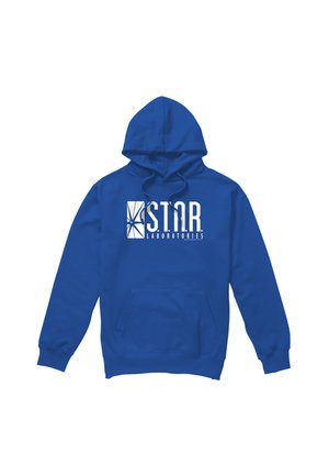 Blauer Hoodie mit Fronttasche und weißem "S.T.A.R. Laboratories"-Logo mit stilisiertem Sternexplosion auf der Brust.
