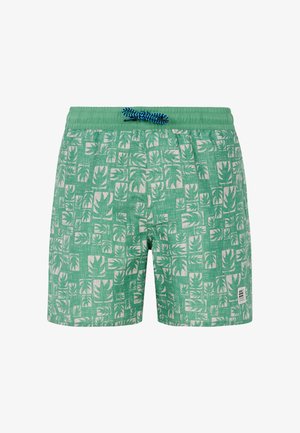 Zelené plavky s texturovanou tkaninou, se vzorem bílých listů v čtvercích, elastickým pasem a modrými šňůrkami.