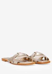Sandales plates avec des brides métalliques beiges croisées, une texture en cuir lisse et une semelle en caoutchouc tan. Design minimaliste avec des orteils ouverts.