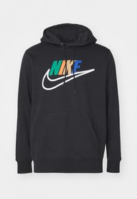Felpa nera con cappuccio realizzata in misto cotone, dotata di tasca frontale a marsupio, cappuccio con coulisse e logo Nike multicolore sul petto.