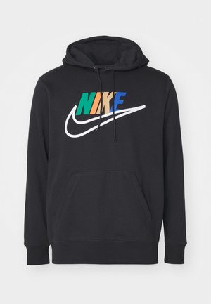 Felpa nera con cappuccio realizzata in misto cotone, dotata di tasca frontale a marsupio, cappuccio con coulisse e logo Nike multicolore sul petto.