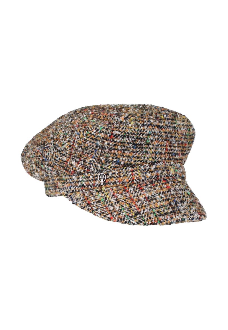 Gorra de lana con un patrón de tweed multicolor, copa redondeada y un pequeño pin metálico en el lado. Diseño texturizado y estructurado.