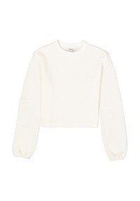 Weißer, verkürzter Pullover mit einem strukturierten Waffelstrickmuster. Verfügt über lange Ärmel mit elastischen Bündchen und einem runden Ausschnitt.