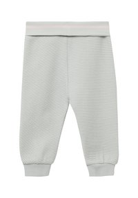 Lichtgrijze broek van wafeltextuur met een elastische tailleband en een roze accent. Boorden bij de enkel. Zachte stof, geschikt voor casual kleding.