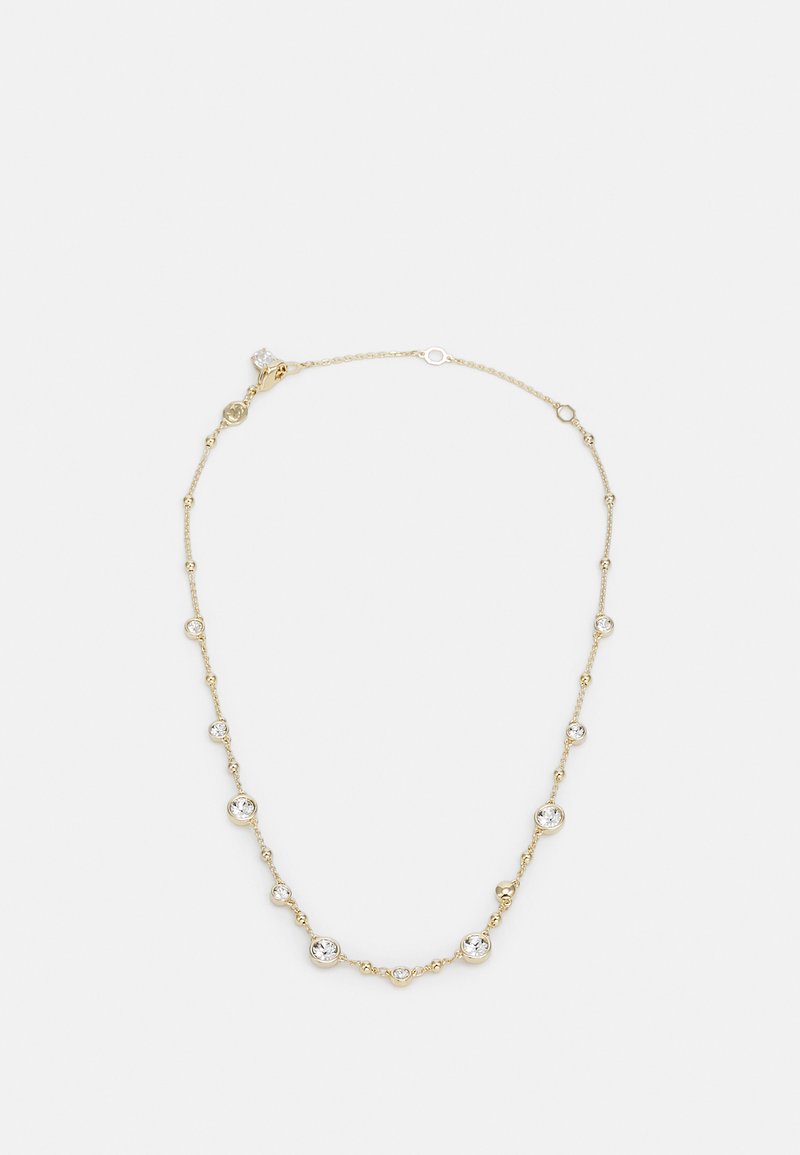 Gold-tone necklace featuring round stones and circular accents, delicately linked by a fine chain, enhancing its overall elegance.