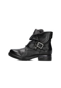 Black leather ankle boot with folded top and adjustable buckle strap on the side, featuring a low stacked heel and rounded toe.