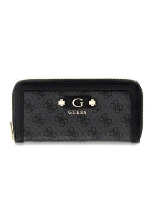 Portefeuille noir Guess à zip autour avec motif logo répétitif et marquage métallique doré au centre devant.