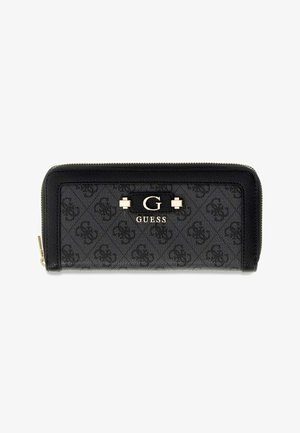 Portefeuille noir Guess à zip autour avec motif logo répétitif et marquage métallique doré au centre devant.