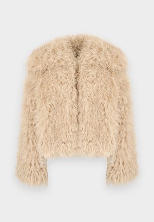 Short, cropped jacket made of fluffy, light beige fabric. Features long sleeves and an open front design with a textured appearance.