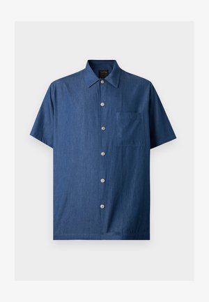 Rövid ujjú, patentos farmer ing elöl bal oldali mellzsebbel és klasszikus gallérral, egyszínű kék színben.