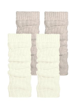 Knit leg warmers in light gray and off-white. Ribbed texture with a folded top. Four pieces total: two of each color.
