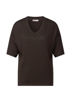 Bruine V-hals t-shirt met korte mouwen, gemaakt van zachte stof, met een losse pasvorm en een eenvoudig, strak ontwerp zonder versieringen.