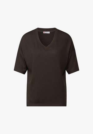 Braunes V-Ausschnitt-T-Shirt mit kurzen Ärmeln, aus weichem Stoff gefertigt, mit lockerer Passform und einem schlichten, klaren Design ohne Verzierungen.