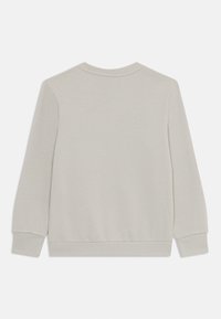 Lys grå hettegenser med lange ermer, rund hals og ribbestrikkede mansjetter. Mykt, teksturert stoff uten synlige logoer eller mønstre.