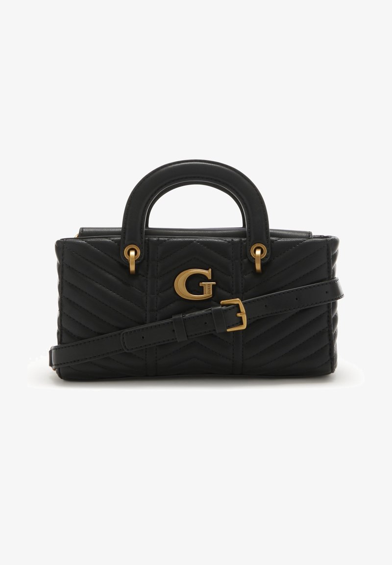 Sac à main en cuir noir matelassé avec une forme structurée, deux poignées, des accessoires dorés et une bandoulière ajustable. Présente un logo "G" bien visible.
