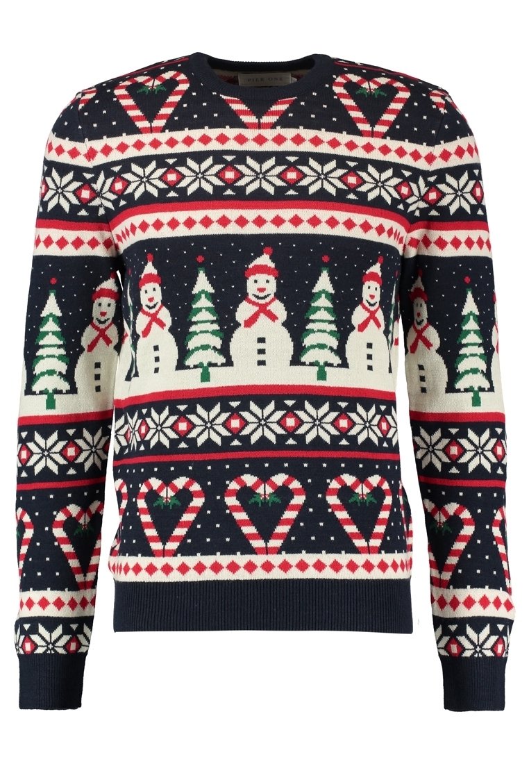 Pull bleu marine avec des motifs de bonhommes de neige, sapins de Noël et cannes en sucre rouge, blanc et vert. Col et poignets côtelés.
