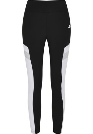 Fekete leggings fehér és világosszürke panelek a szélén, rugalmas anyagból készült, sima textúrával. Logó a derékrészen.