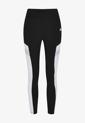 Črne legice z belimi in svetlo sivo obrobami ob straneh, narejene iz raztegljive tkanine z gladko teksturo. Logo na pasu.