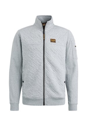 Šedá prošívaná bunda s vysokým límcem, předním zipem a boční kapsou s malou cedulkou. Měkká textura a žebrované manžety.