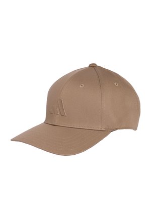 Gorra de béisbol marrón con visera curva y logo cosido tonal en el frente, hecha de tejido texturizado con ojales de ventilación.