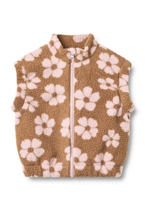 Sleeveless brown fleece vest with light pink floral pattern and front zipper, featuring a high collar.