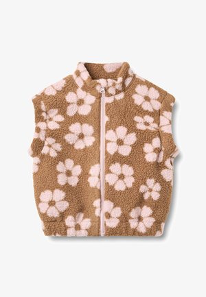 Ærmeløs brun fleecevest med lyserønt blomsterprint og lynlås foran, med høj krave.
