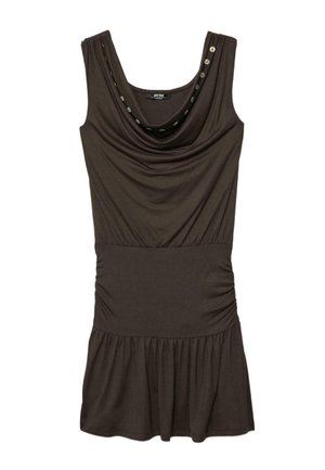 Tmavě hnědé šaty bez rukávů s nabíraným výstřihem do kulata, ozdobnými knoflíky, přiléhavým pasem a nařaseným lemem sukně.