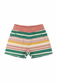 Pantalones cortos de algodón a rayas con una cinturilla rosa, presentando rayas horizontales en verde, blanco, amarillo y rosa. Detalle de dobladillo deshilachado.