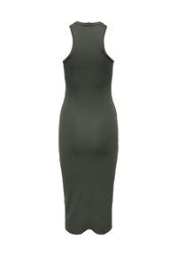 Robe midi sans manches en maille côtelée vert foncé, avec un col montant et une silhouette ajustée, vue de dos.