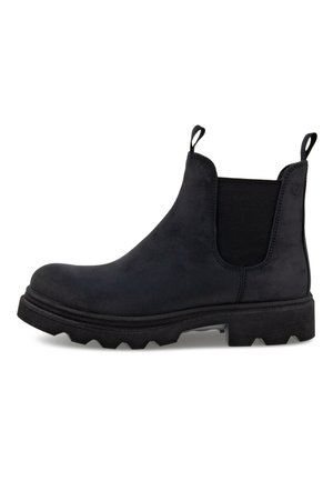 Black suede Chelsea boots with elastic side panels, pull tabs, and a rugged sole featuring deep treads for traction.