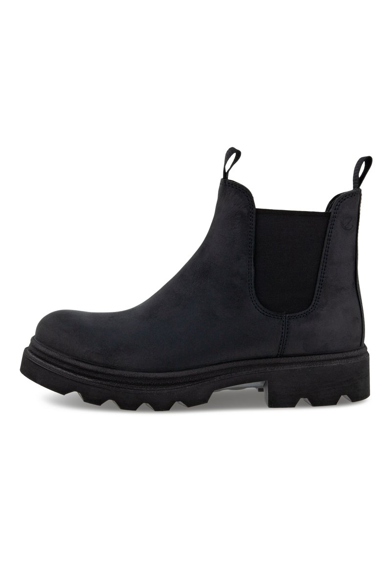 Bottines Chelsea en daim noir avec des panneaux élastiques sur les côtés, des languettes de tirage et une semelle robuste dotée de crampons profonds pour une meilleure traction.