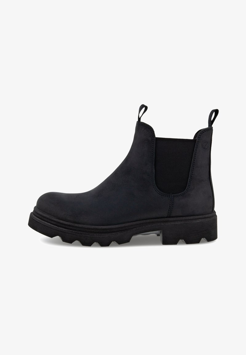 Botas Chelsea pretas em camurça com painéis laterais elásticos, alças para puxar e uma sola robusta com padrões profundos para maior aderência.