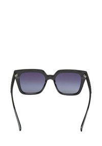 Black square sunglasses with gradient lenses transitioning from purple to gray. Textured sides and straight black arms with curved tips.