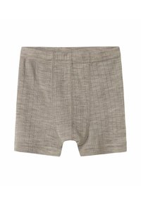 Boxer-briefs en coton beige avec un motif texturé, dotés d'une ceinture douce et d'une ouverture frontale fonctionnelle. Tissu lisse et extensible.