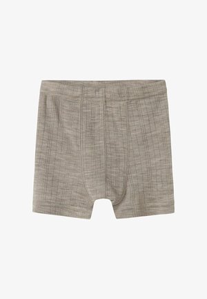 Beige Baumwoll-Boxershorts mit strukturiertem Muster, ausgestattet mit einem weichen Bund und einem funktionalen Eingriff. Glattes, elastisches Gewebe.