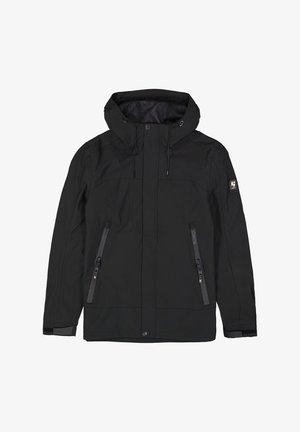 Schwarze wasserdichte Jacke mit Kapuze, Reißverschluss vorne und Seitentaschen, verstellbaren Zugbändern und strukturiertem Stofffinish.