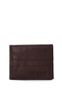 Brown leather wallet with a smooth texture, featuring two card slots and embossed brand name "VENEZIA" on the front. Rectangular shape.