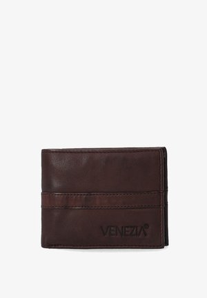 Brown leather wallet with a smooth texture, featuring two card slots and embossed brand name "VENEZIA" on the front. Rectangular shape.