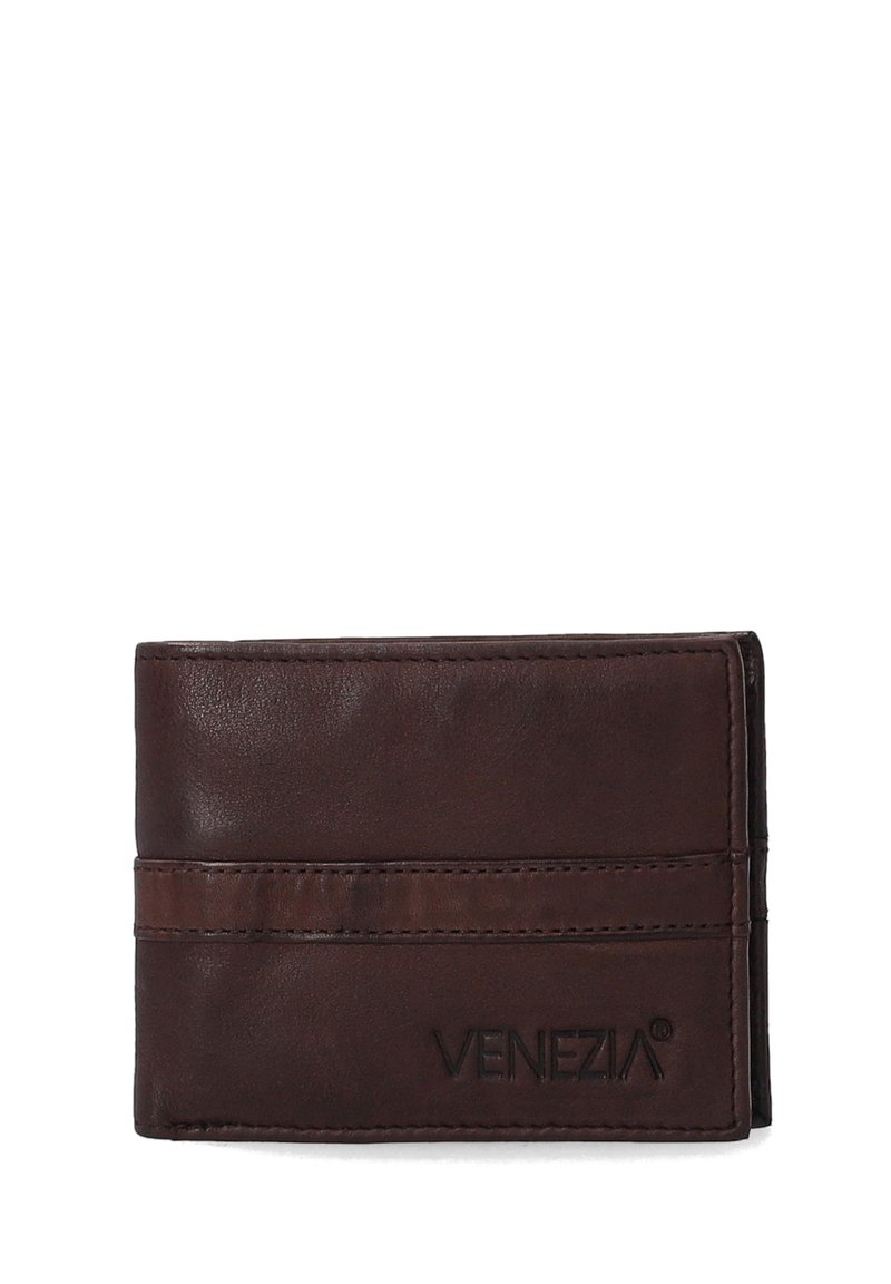 Brown leather wallet with a smooth texture, featuring two card slots and embossed brand name "VENEZIA" on the front. Rectangular shape.