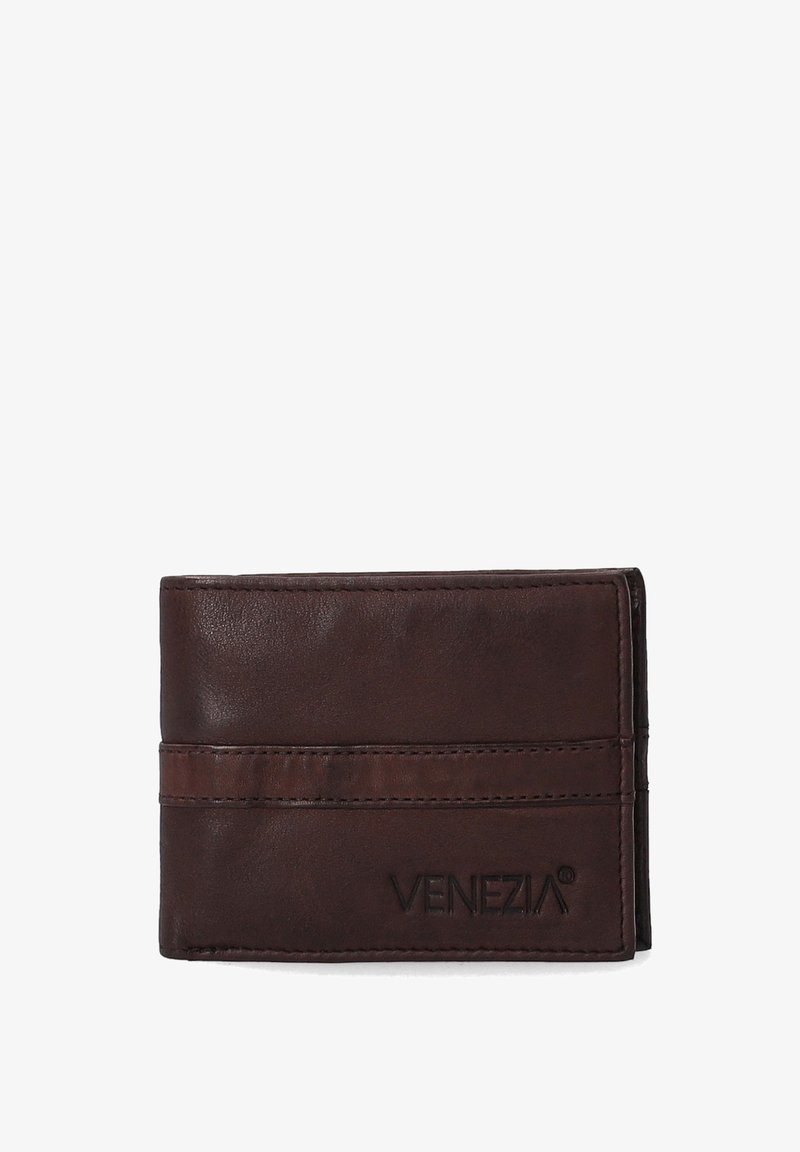 Brown leather wallet with a smooth texture, featuring two card slots and embossed brand name "VENEZIA" on the front. Rectangular shape.