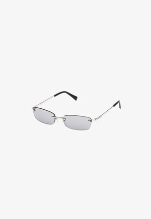 Metallene rechteckige Sonnenbrillen mit grauen Gläsern, silbernen Rahmen und schwarzen Bügelspitzen. Verfügt über ein elegantes Design und minimale Hardware-Akzente.
