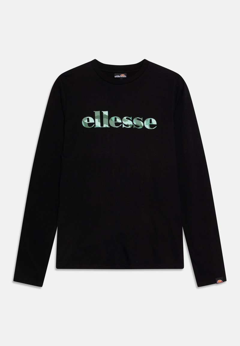 Camiseta negra de manga larga hecha de algodón, con el logo verde de "ellesse". Cuello redondo, corte regular, textura suave y sin estampados adicionales.