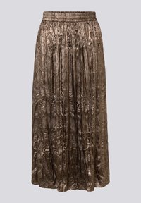Metallic bronze pleated midi skirt with an elastic waistband, featuring a crinkled texture and a flowing design.