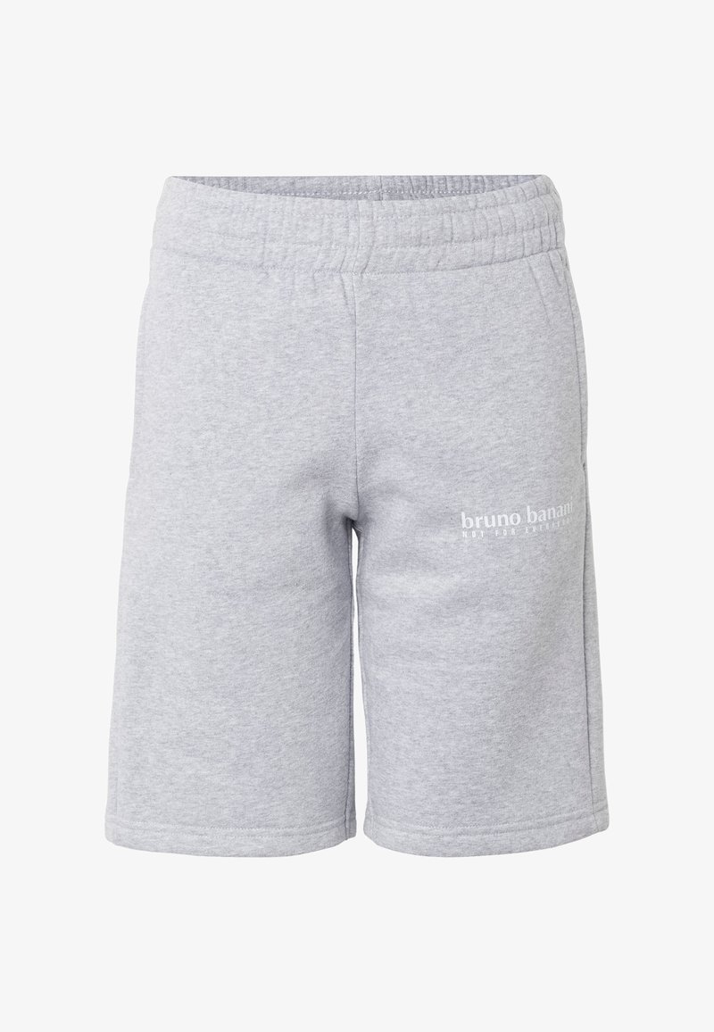Shorts en coton gris clair avec taille élastique et petit logo blanc « bruno banani » sur la cuisse droite.