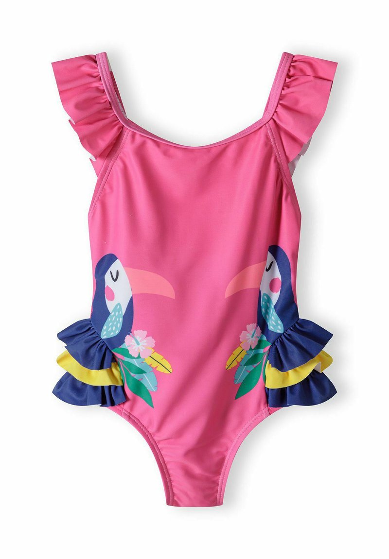 Maillot de bain une pièce rose avec des bretelles à volants, ornée de motifs colorés de toucan et de fleurs, avec des accents de volants navy sur les côtés.